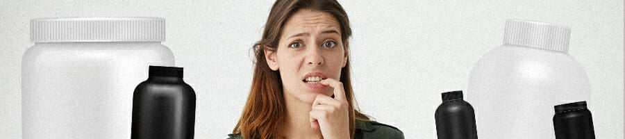 A woman biting her nails thinking what supplement powder she should choose