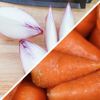 sliced onions on a tray, fresh cropped carrots