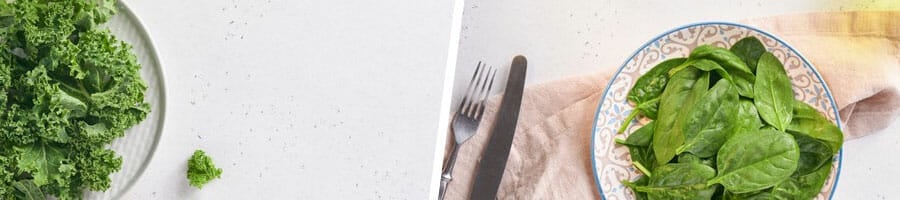 bowl of kale, and a plate filled with spinach