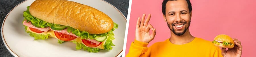 sandwich on a white plate, man happy with his sandwich