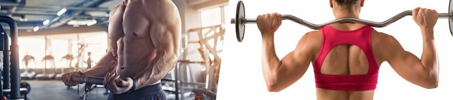 shirtless man working out in a gym, woman showing her back while lifting a barbell