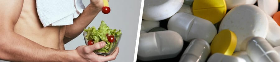 man eating a salad bowl shirtless, close up image of medicine pills