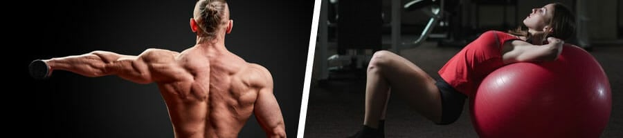 man showing his back muscles while raising a dumbbell, woman using a yoga ball