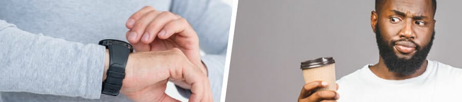 hand view of a man checking his wrist watch, man holding a cup of coffee