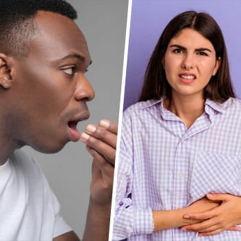 man using his hand to smell his breath, and a woman holding her belly in pain