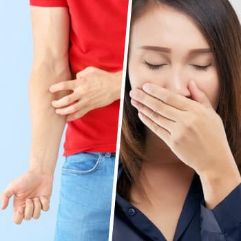 man having itchy arms, and a woman blocking her mouth