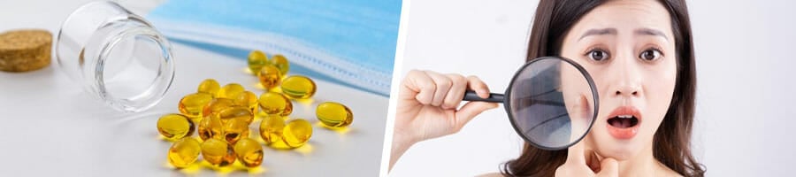 jar of fish oil pill spilled, and a woman using a magnifying glass to see her acne