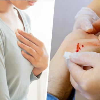 woman having chest pains, person getting his bloody wound cleaned