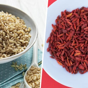 bowl of brown rice, and another bowl of goji berries