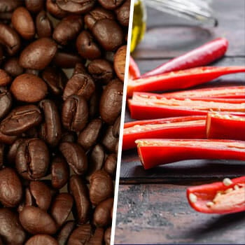 close up image of coffee beans and sliced chili peppers