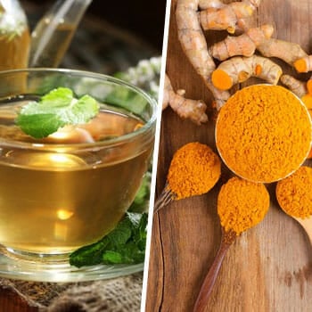 green tea in a cup, and spoons and bowls of turmeric powder