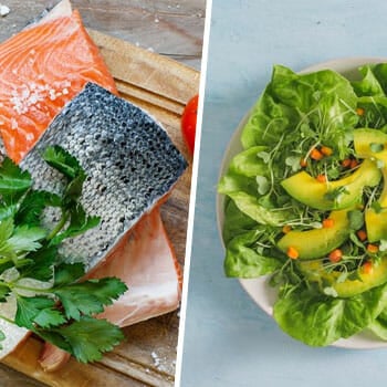 fresh sliced fish in a tray, and a bowl of salad