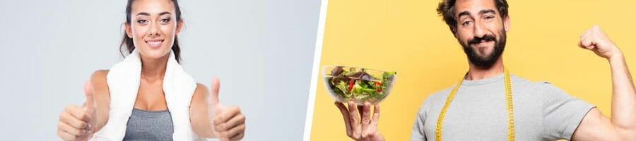 woman giving a thumbs up in gym clothes, and a man holding up a salad