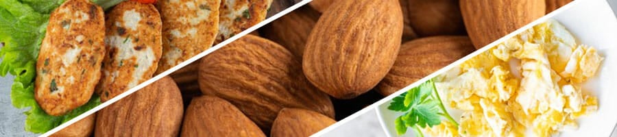 chicken cutlets in a plate, close up image of almonds, and a plate of scrambled eggs