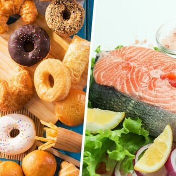 donuts, fries and chips in a tray, and a slice of fresh fish and vegetables