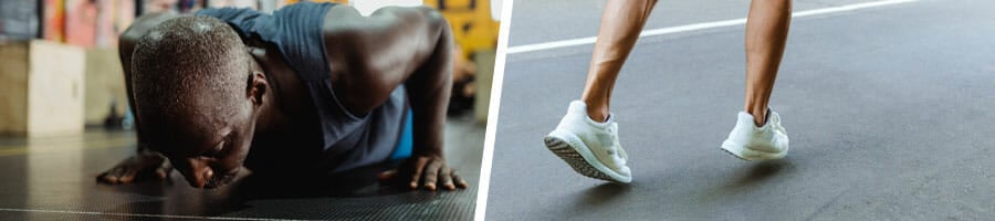 man in a push up position, and a feet view of a person running