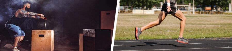 man doing a box jump workout, and another person jogging outdoors