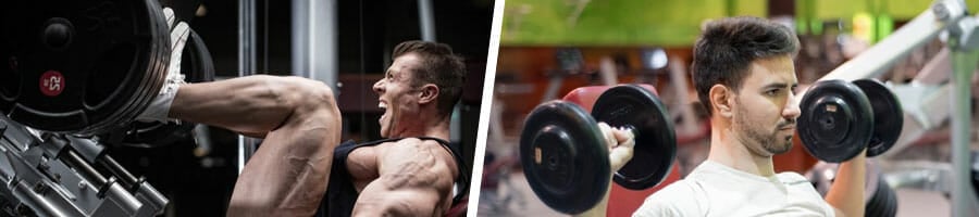 man in a leg press position, and another man using dumbbells on both arms