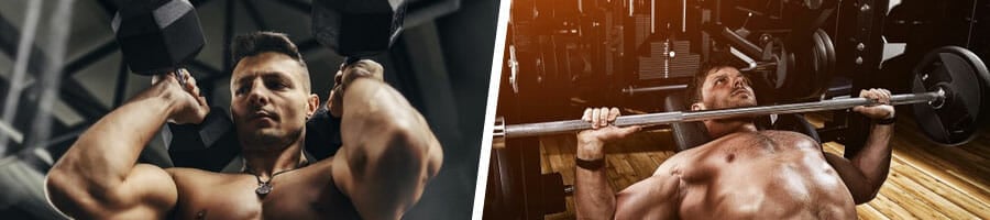 man using dumbbells on both arms, and another man doing bench presses