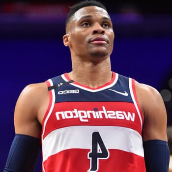Russel Westbrook wearing a basketball jersey in court