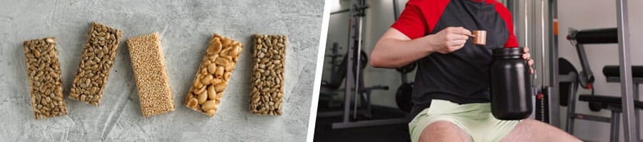 different types of protein bars and a man holding a protein powder container and scooper