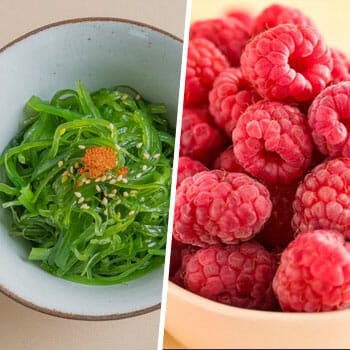 bowl of fresh seaweeds, and stack of raspberries