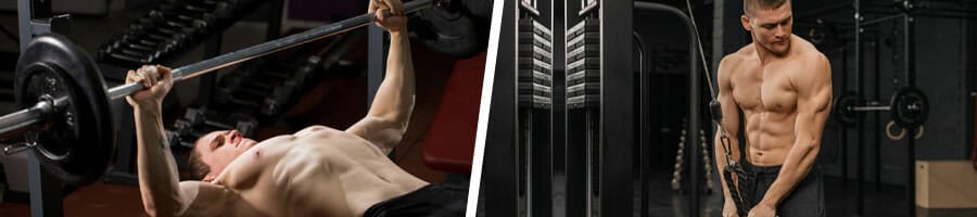 man in a bench press position and another man doing triceps pulldown