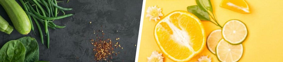 green vegetables on the table, and citrus fruits in a yellow background