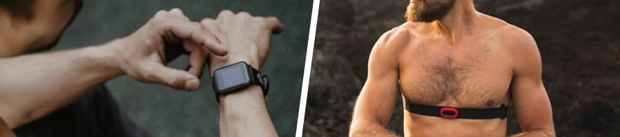 man using a wrist watch heart rate monitor, and a shirtless man using a chest wrap heart rate monitor
