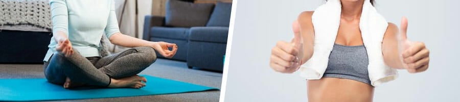 woman in a yoga position, and another woman giving a thumbs up