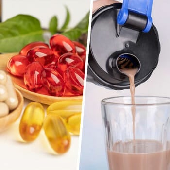 close up image of supplement pills, and a glass getting filled by protein drink