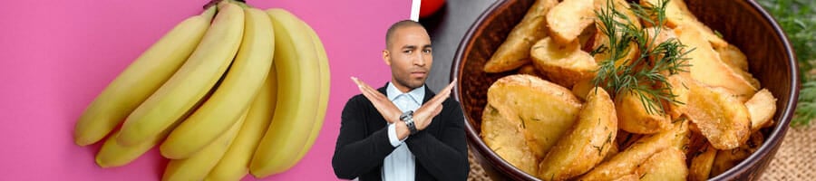 fresh bananas and a bowl of potatoes, and a man doing an avoid sign in the middle