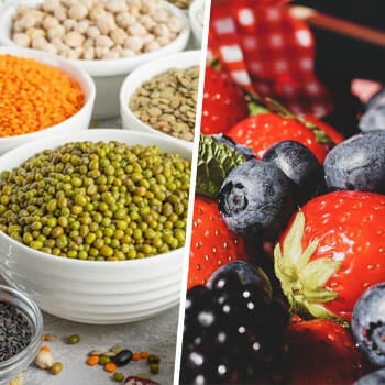 bowl of different beans and peas, and a stack of different berries