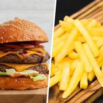 close up images of a heavy burger and french fries