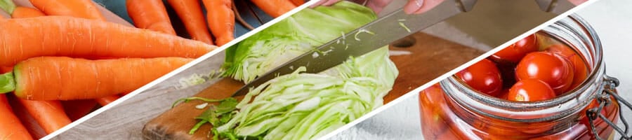 stack of carrots, cabbages getting sliced, and a jar of tomatoes