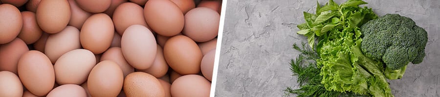 close up image of fresh eggs and a stack of leafy greens