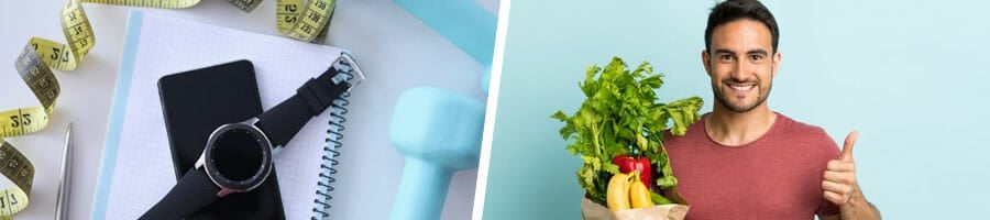 phone, watch dumbbells, notebook and a measuring tape in a table, and a man holding up a bag of vegetables and fruits and a thumbs up