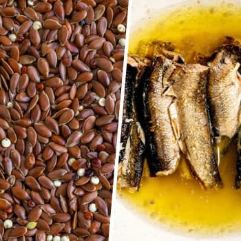 close up image of flax seeds and a plate of cooked sardines