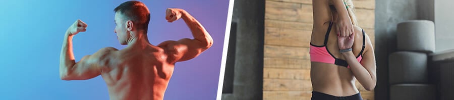 man flexing his biceps showing his back, and a woman stretching her arms on a yoga mat