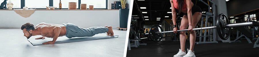 shirtless man in a push up position, and a woman doing deadlifts