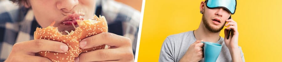 mouth view of a man munching a burger, and another man being lazy