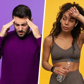 man holding his head in pain, and a woman tired holding a water bottle