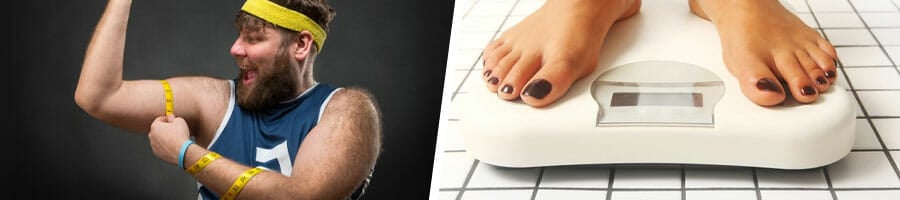 man using a measuring tape on his biceps, and woman's bare feet on a weighing scale