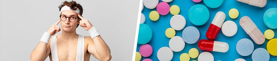 man in gym clothes thinking, and a stack of different medicine pills