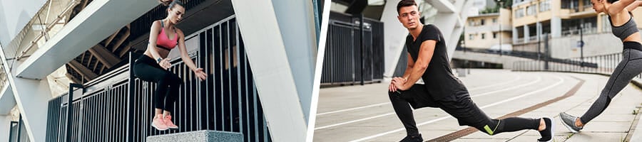 woman doing jump squats, and a couple warming up outdoors