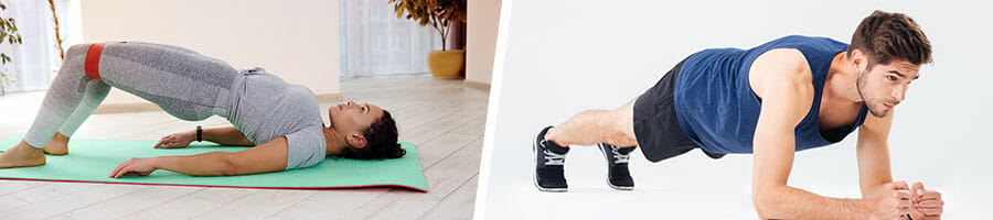 woman in glutes position on a yoga mat, and a man in a plank position