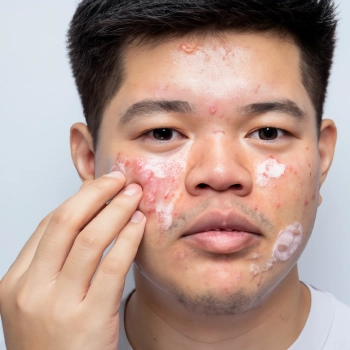 A guy experiencing acne breakout on the face
