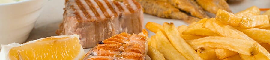 Grilled salmon steak with french fries