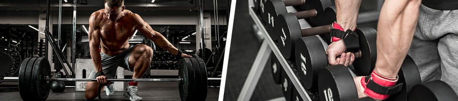 man using a barbell, and another man picking up dumbbells