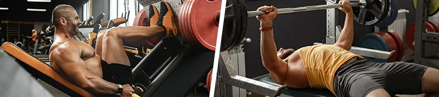 shirtless man doing leg pressed and another one doing a bench press